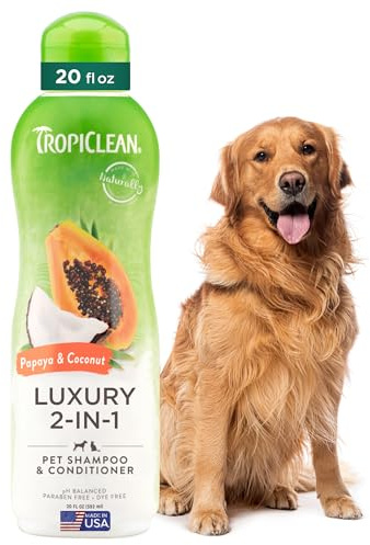 TropiClean 2-in-1 Dog Shampoo and Conditioner, Moisturizing Dog Detangler, Puppy Safe, Made in the USA, Papaya Scent, Cat & Kitten Safe, 20oz.