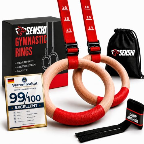 2021 Winner Wooden Gymnastics Rings With XXL Straps, Neoprene Hanging Straps, Withstand Upto 150KG, Superior Comfort & Grip, Calisthenics Ring, Thick 32mm Hoops With Door Anchor, Grip Tape & Carry Bag