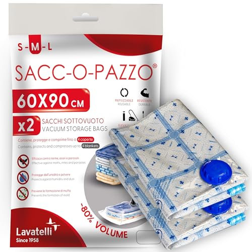 Set di 2 sacchetti sottovuoto coperte e piumoni, salvaspazio, buste sottovuoto vestiti, antimuffa, antiacari, misura M 60x90cm per Coperte, sacchetti sottovuoto vestiti viaggio o salvaspazio armadio