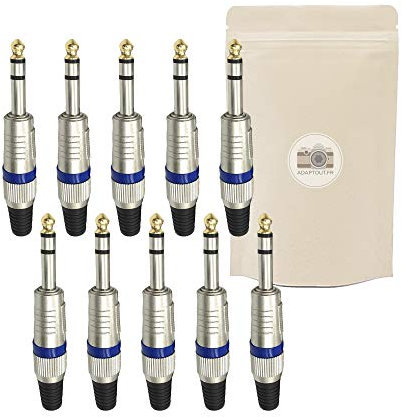 10x Spina Jack Grosso 6.35mm Maschio Stereo da saldare - Connettore azzurro in metallo placcato oro 18K - Adaptout marca francese