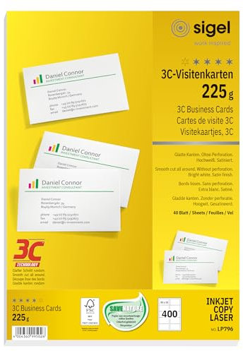 SIGEL LP796 bedruckbare Visitenkarten 3C, 400 Stück (40 Blatt), hochweiß, glatter Schnitt rundum, 225 g, 85x55 mm