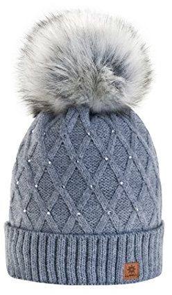 Morefaz - Gorro de invierno de forro polar para mujer con cristales y pompón multicolor Gris M/L