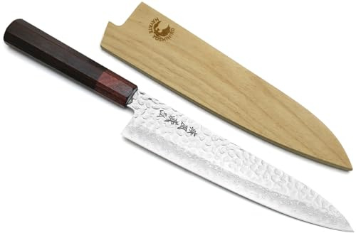 Yoshihiro VG10 46 Layers Hammered Damascus Gyuto Japanese Chefs Knife (Octagonal Shitan Rosewood Handle) (8.25 (210mm))