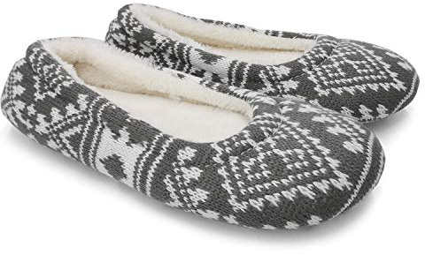 Ofoot Women's Cashmere Cable Knit Ballerina Slippers,Cotton Velvet Lined Indoor House Shoes,Soft Plush Flat with Snowflake Patterns Light Grey 5/6 UK