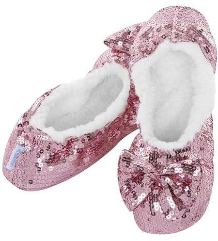 Snoozies Womens Bling Soft Soled Slippers with Gel Grip. Warm Sherpa Fleece Lining. (UK 3-4