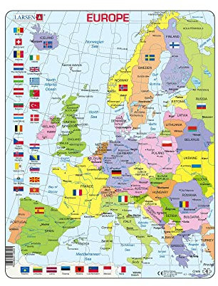 Larsen K2 Europe Political Map English Edition Jigsaw Puzzle for Children & Adults - 48 Piece Puzzle | Educational Puzzles for Boys and Girls |Gift Idea| Boxless Tray & Frame Included | Made in Norway