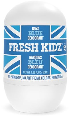 Fresh Kidz Roll On Deodorant for Kids and Teens - Baking Soda and Aluminum-free 24 Hour Protection for Sensitive Skin - Boys Blue 1.86 fl.oz.