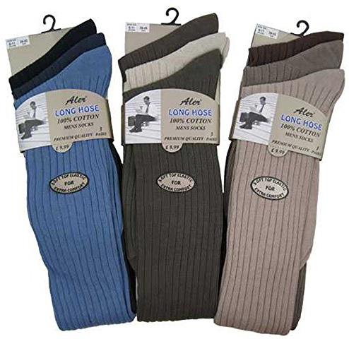 6 Pairs Mens 100% Cotton Traditional long Hose, Knee high Fashion Colours Socks with grip top (002-Long-Fsh)