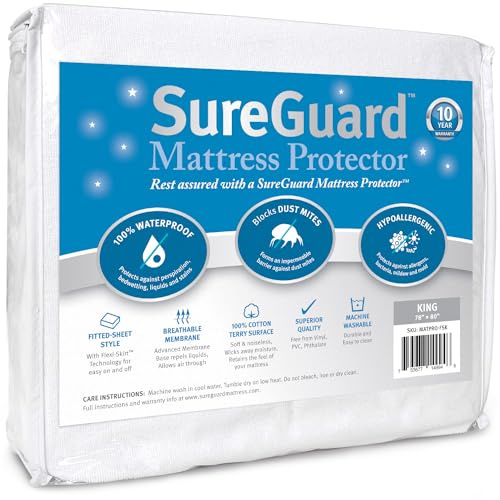 SureGuard- Protector de colchón – 100% Resistente al Agua, hipoalergénico – Funda Premium Ajustable de algodón de Tejido de Rizo.