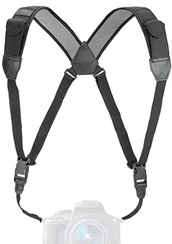 USA Gear DSLR Camera Strap Chest Harness with Quick Release Buckles, Black Neoprene Pattern and Accessory Pockets - Compatible with Canon, Nikon, Sony and More Point and Shoot and Mirrorless Cameras