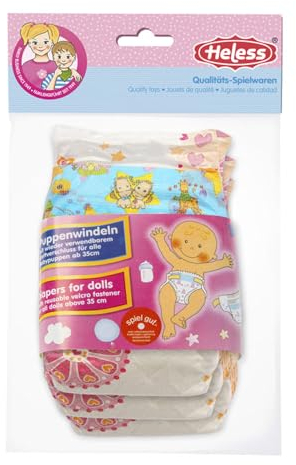 Heless 335 - Puppenwindeln, 3 Stück, am Bund bedruckt mit farbenfrohen Spielzeugmotiven, wiederverwendbarer Klettverschluss, Größe 35 - 50 cm
