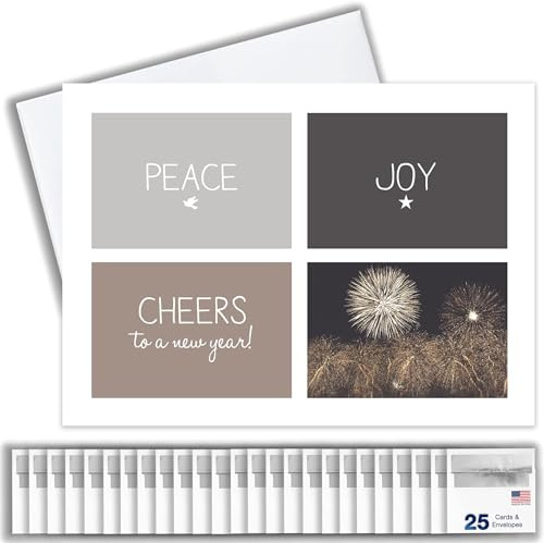 New Years Cards for Business & Family (Peace Joy & Cheers) Bulk Greeting Card Set Pack of 25 Happy New Year Cards with Envelopes for 2026 (5x7 inch A7) Great for Office, Work Employees & Clients N1502