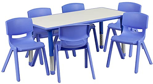 Flash Furniture Emmy Adjustable Classroom Activity Table with 6 Stackable Chairs, Plastic Activity Table for Kids, 23.625 W x 47.25 L, Blue/Gray