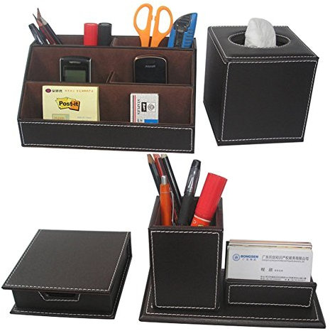 KINGFOM 4pcs Leder büro Schreibtisch Set - Inklusive Schreibtisch Organisator, Kosmetiktücherbox, Stifthalter mit Visitenkartenhalter und Zettelbox (T42K)