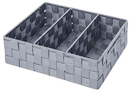 WENKO Organizer Adria, Aufbewahrungskorb mit 3 Fächern und praktischem Griff, Feste Trennwände, hochwertiges Kunststoffgeflecht mit Metallstangen für extra Stabilität, 32 x 10 x 21 cm, Grau