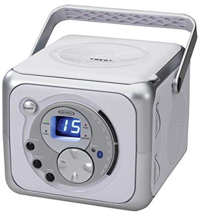 Jensen CD-555 White/Silver CD Bluetooth Boombox Portable Bluetooth Music System with CD Player +CD-R/RW & FM Radio with Aux-in & Headphone Jack Line-in (CD555)