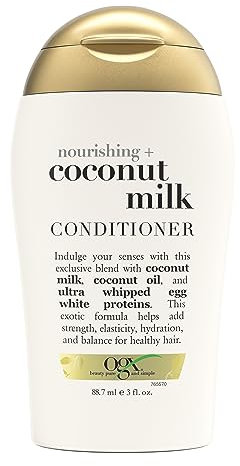OGX Nourishing + Coconut Milk Balsamo da viaggio districante capelli con Latte e Olio di Cocco e Proteine del Latte, Balsamo capelli secchi in formato travel size per viaggi e vacanze da 88.7 ml