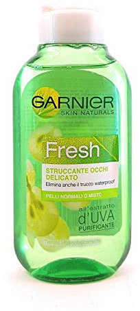 Struccante Occhi Fresh Garnier delicato, ideale per pelli normali o miste. Elimina anche il trucco waterproof. Con estratto di uva purificante