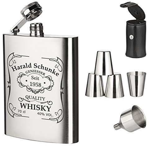 polar-effekt 7-TLG. Edelstahl Flachmann Geschenk-Set mit Gravur - Schnapsflasche 195ml mit Trichter und 4 Becher - Geschenkidee für Männer zum Geburtstag - Motiv Quality Whiskey