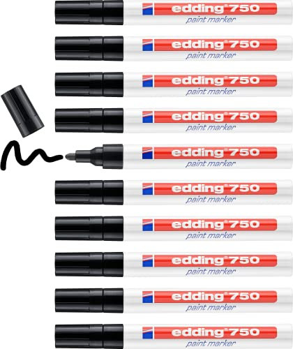 edding 750 paint marker - black - 10 pens - round tip 2-4 mm - paint marker for marking and labelling metal, glass, rocks or plastic - heat-resistant, permanent, smudge-proof and waterproof