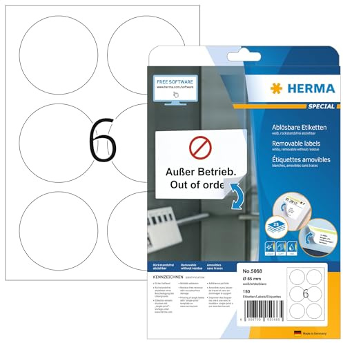 HERMA 5068 universella etiketter A4 avtagbart (Ø 85 mm, 25 ark, papper, matt, rund) självhäftande, utskrivbara, avtagbara och återhäftande adressetiketter, 150 klistermärken, vit