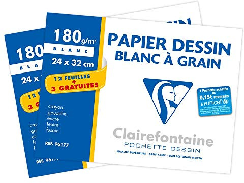 Clairefontaine 196177AMZC - Lot de 2 - Pochette Dessin Scolaire - 15 Feuilles (12+3 gratuites) Papier Dessin Blanc à Grain - 24x32 cm 180g - Idéal pour les Arts Plastiques