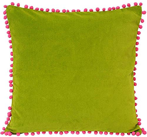 Paoletti Riva Velvet Pompom Cojín - Green - Faux Velvet Tela - En Contraste Fuchsia Pink Pompom Bordes - Hidden Cierre De Cremallera - 100% De Algodón Suave - 45 X 45 Cm (18 X 18 Pulgadas)