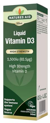 Natures Aid Vitamin D3 Liquid 2500iu 50ml – High Strength Cholecalciferol VIT D Drops – Bone & Immune Support – Vegan, Non-GMO, Gluten-Free – Natural Supplement Includes Dropper