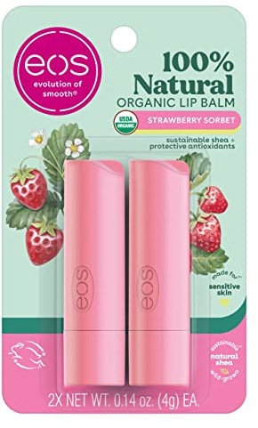 eos USDA Organic Lip Balm - Strawberry Sorbet | Lip Care to Moisturize Dry Lips | 100% Natural and Gluten Free | Long Lasting Hydration | 0.14 oz | 2 Pack