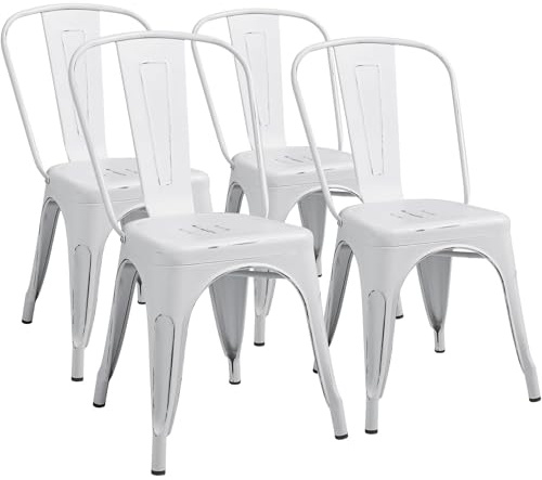 Furmax Metal Dining Chair Indoor Outdoor Use Stackable Chic Side Classic Trattoria Metal Chairs Set of 4 for Kitchen, Dining Room, Bistro and Cafe (Distressed White)