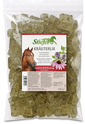 Stiefel Kräuterlix Bonbon für Pferde, Belohnung mit Bronchialkräuter-Mischung, schmackhafte Leckerli, Freizeit-, Sport-, Leistungs- & Zuchtpferden, 500g