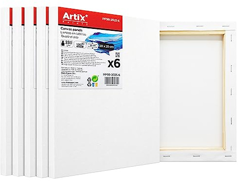 ARTIX - Set de 6 Lienzos para Pintar 20x25x1.5 cm, Paneles Imprimados, 100% Algodón, Lienzos Preestirados para Pintura Acrílica, Con Bastidor de madera, para Artistas Profesionales o Principiantes