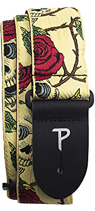 Perri's Leathers Ltd. - Gitarrengurt - Nylon - Jacquard - Rosen & Totenköpfe - Beige - Einstellbar - Für Akustik-/Bass-/Elektrogitarren - Hergestellt in Kanada (TWS-6538)