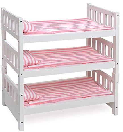 Badger Basket 1-2-3 Convertible Doll Bunk Bed - Pink Stripe Design with Bedding and Personalization Kit - Doll Crib Furniture for 18 to 20 Inch Baby Dolls and Accessories - White
