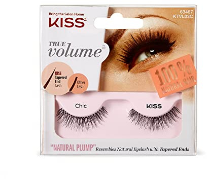 KISS True Volume Collection 1 Pair of False Lashes, Chic, 100% Natural Hair Fake Eyelases with Tapered End Technology includes Lash Glue