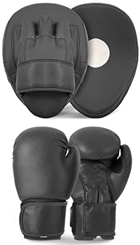 Lions Focus Pads and Gloves Set - Martial Arts Hook and Jabs Punch Bag Boxing Punching Gloves MMA Mitts Set (Plain-Black, 6oz)