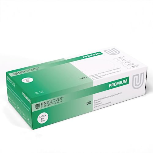UNIGLOVES – Premium vinylhandskar | Medicinska handskar | Latexfria, pulverfria och livsmedelssäkra | För medicinska områden | 100 stycken | S
