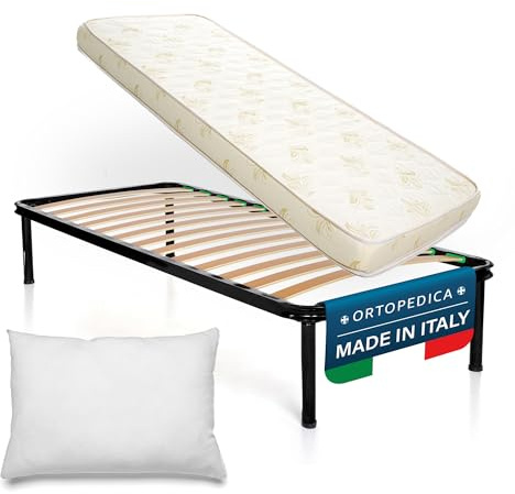 DOLCI SOGNI Set Rete Letto Singolo 80x190, Rete a Doghe Letto Singolo con Materasso e Cuscino, 100% Made in Italy, Materasso Waterfoam 14 cm, Rete Singola con Doghe di Legno, Letto a Una Piazza