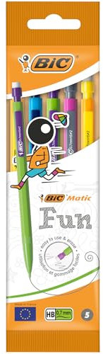 BIC Matic Fun, HB Mechanical Pencils and Eraser, Assorted Barrel Colours with Fine ,Yellow,Blue,Green,White,Pink,Point (0.7mm), Pack of 5,Yellow,Blue,Green,White,Pink