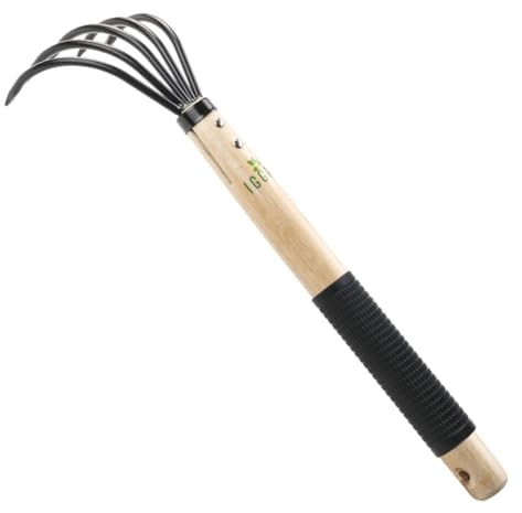 Garden Rake with Ergonomic Wooden Handle for Firm Grip, Military Grade Steel Hand Garden Tool Wood Japanese Ninja Claw Rake for Perfect Pulverized and Aerated Soil, Gardening Weeding