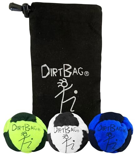 DIRTBAG Classic Footbag Hacky Sack 3 Pack with Pouch, Unique, Footbag Set with Signature Carry Bag - Black Pouch.