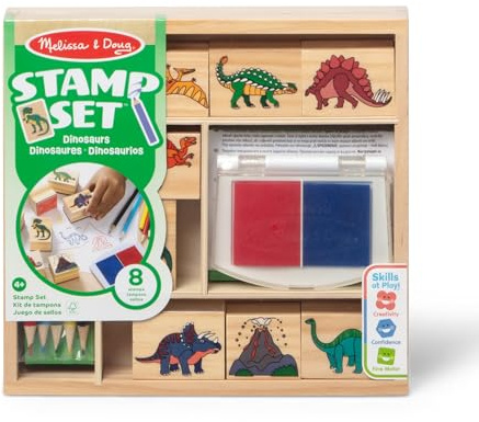 Melissa & Doug Wooden Stamp Set: Dinosaurs - 8 Stamps, 5 Colored Pencils, 2-Color Stamp Pad - FSC Certified