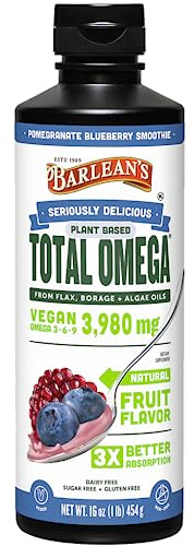 Barlean's Vegan Omega 3 6 9 Flaxseed, Borage and Algae Oil Liquid Supplement, Pomegranate Blueberry, 3,980 mg GLA, EPA and DHA Fatty Acid, Vegan, 16 oz