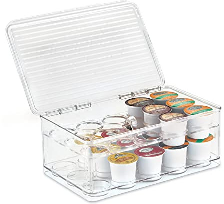 iDesign 2-Tier Coffee Pod Holder Lidded Bin, Plastic Pantry and Kitchen Storage, The Linus Collection – 7.25 x 10.75 x 4.25, Clear