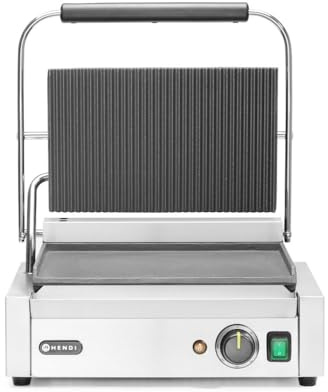 HENDI Kontaktgrill, Panini, oben gerillt und unten glatt, inkl. Grillreinigungsbürste, Temperatur bis 300°C regelbar, Grillfläche 340x235mm, Elektrogrill, 230V/2200W, 430x375x(H)216mm, Edelstahl