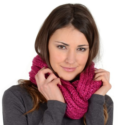 Autumn Faith Ladies Knitted Snood With Sequins Wrap Loop Scarf Neck Winter Accessory - Cerise