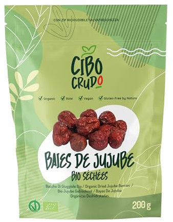 Jujube Séché Bio - 200g. Baies Rouges. De la plante de Jujube Séchée Sans Sucre Ajouté. Ils Contiennent Vitamines Minéraux et Fibres. A Ajouter aux Yaourts/Smoothies ou Aux Aesserts et Confitures.