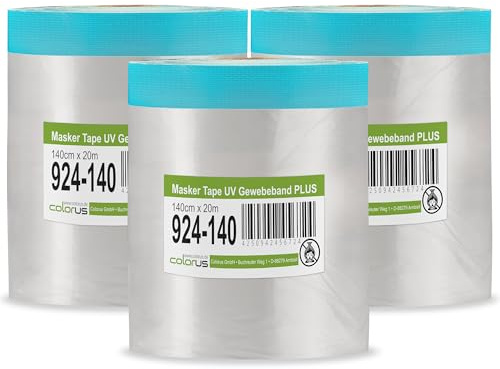 Colorus Abdeckfolie mit Klebeband – 3er Set 140 cm x 20 m – Gewebeband Masker Tape – Maler Abdeckfolie selbsthaftend – für Fensterfronten, Möbel & Türen – statisch haftende Folie