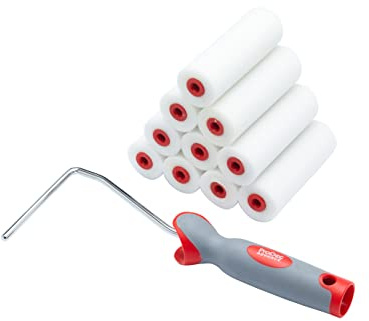 ProDec Lot de 11 articles, 10 mini-rouleaux en mousse haute densité et monture, finition lisse avec peinture brillante/satinée sur plinthe, rebord de fenêtre, porte à panneaux, placards, métal et plus