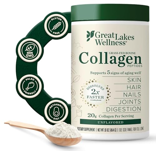 Great Lakes Wellness Collagen Peptides Powder – Supports Skin, Hair, Nails, Joints & Digestion – Hydrolyzed, Quick Dissolve, Non-GMO, Keto & Kosher – Pure Collagen Protein (16 oz, 22 Servings)